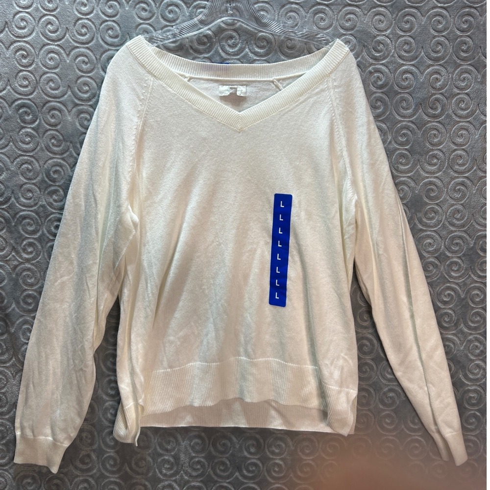 Lucky Brand Cream Off Shoulder V Neck Long Sleeve Sweater Women's Large